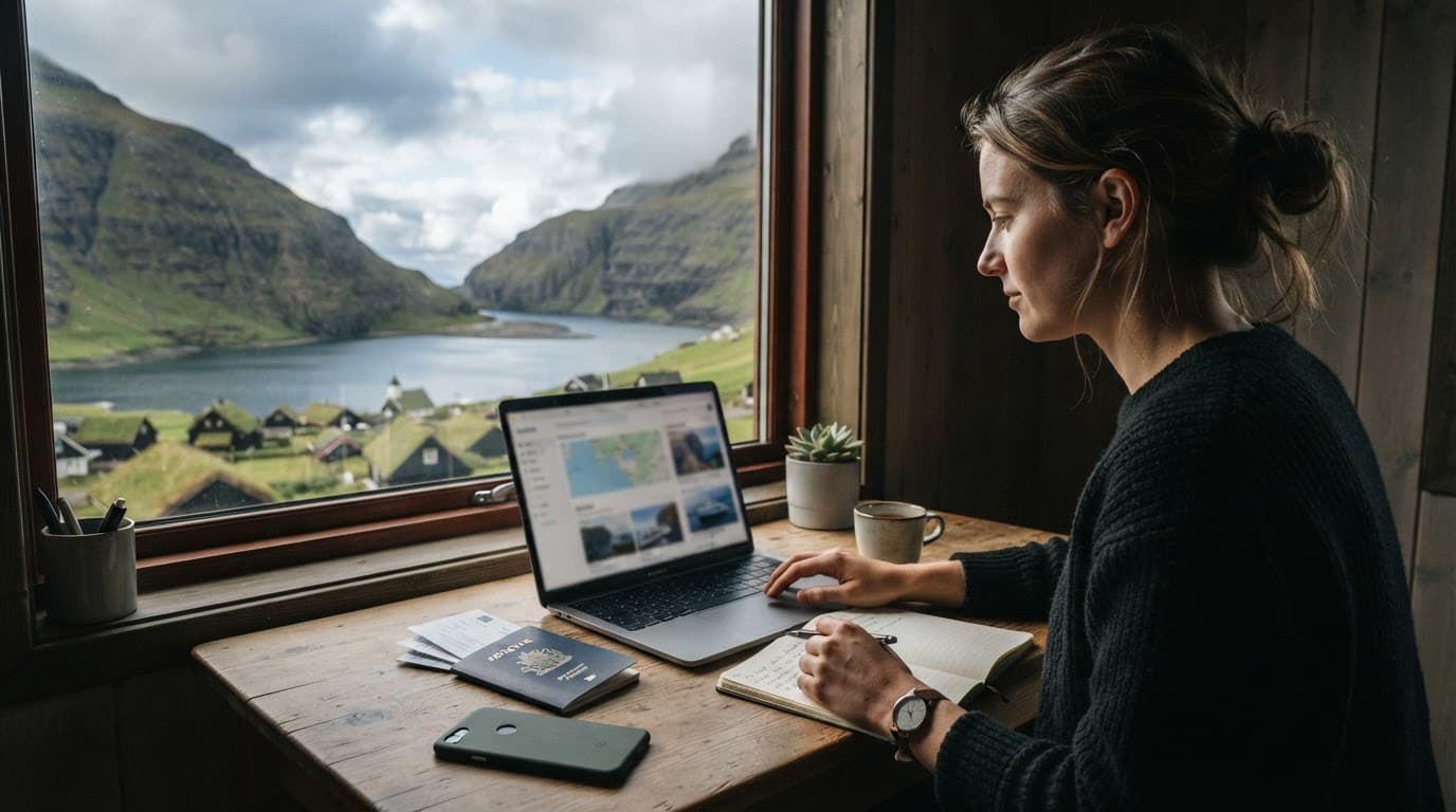 A traveller organises a Faroe Islands trip at a desk beside a mountain fjord view.