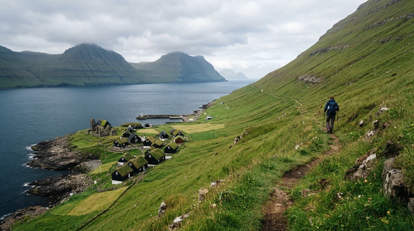 A lone hiker walks above a Faroese village beside a green fjord.