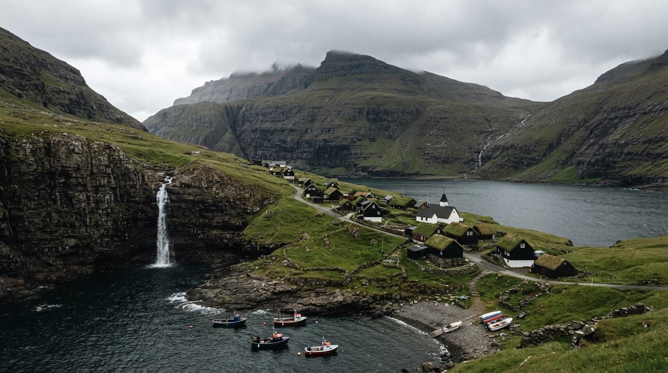 A green Faroese village beneath cliffs beside a narrow fjord.