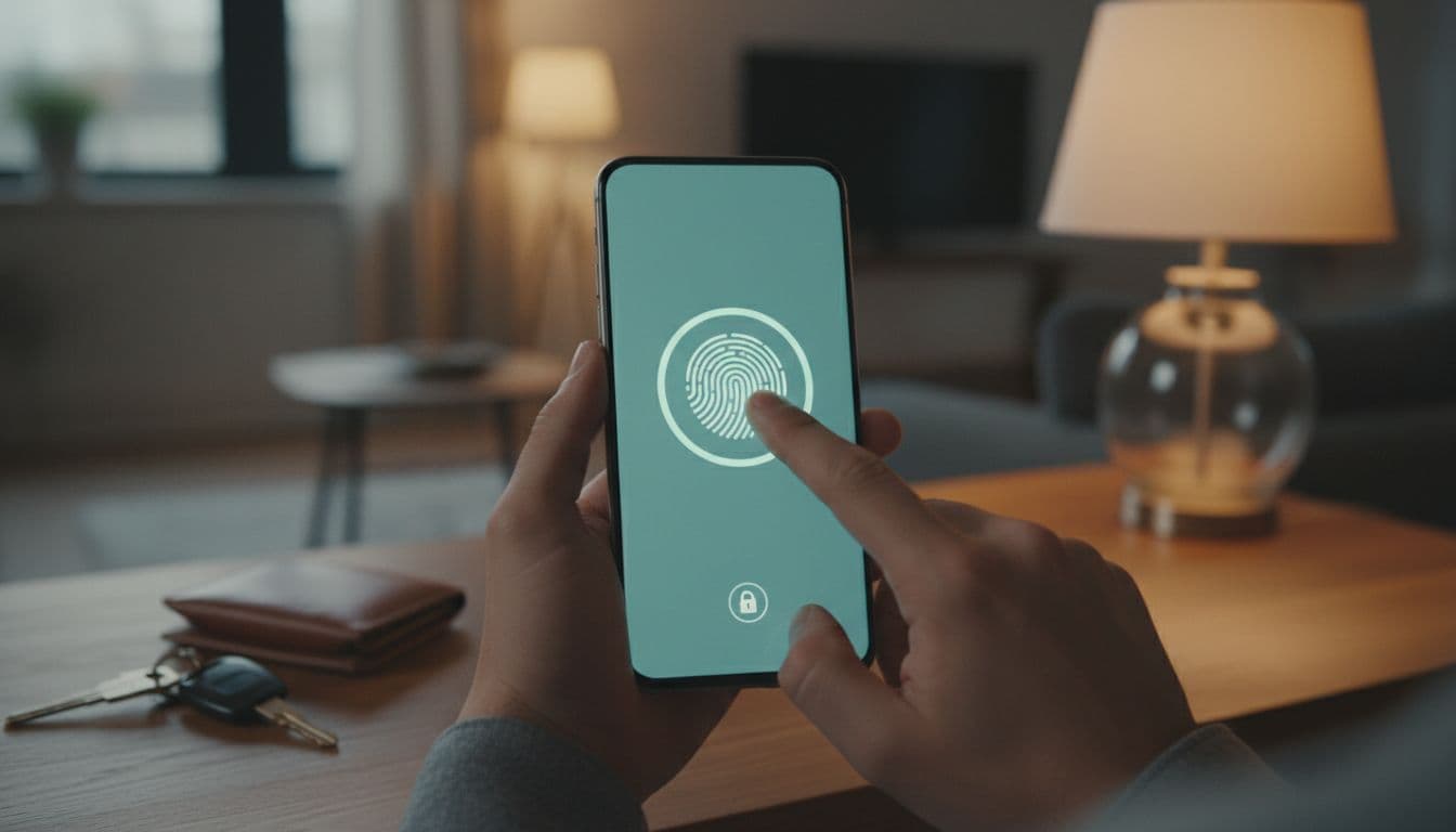 A person's finger scans a fingerprint on a mobile phone lock screen in a modern home interior with cozy evening light.