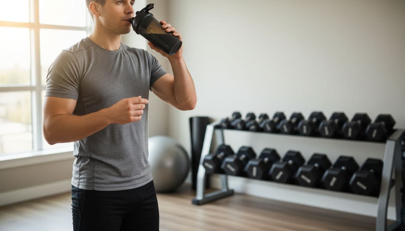 Fit adult in gym sportswear sips from a closed protein shaker bottle immediately after workout in a home gym, relaxed pose with slight sweat, dumbbells and mat in background, natural lighting.