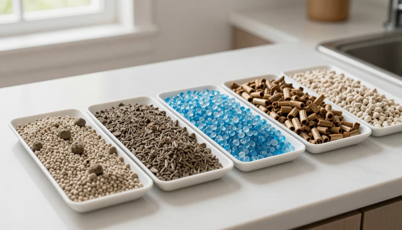 Realistic image of five cat litters in trays on a kitchen counter: clumping clay, non-clumping clay, silica crystals, wood pellets, and paper pellets, lit by natural daylight.