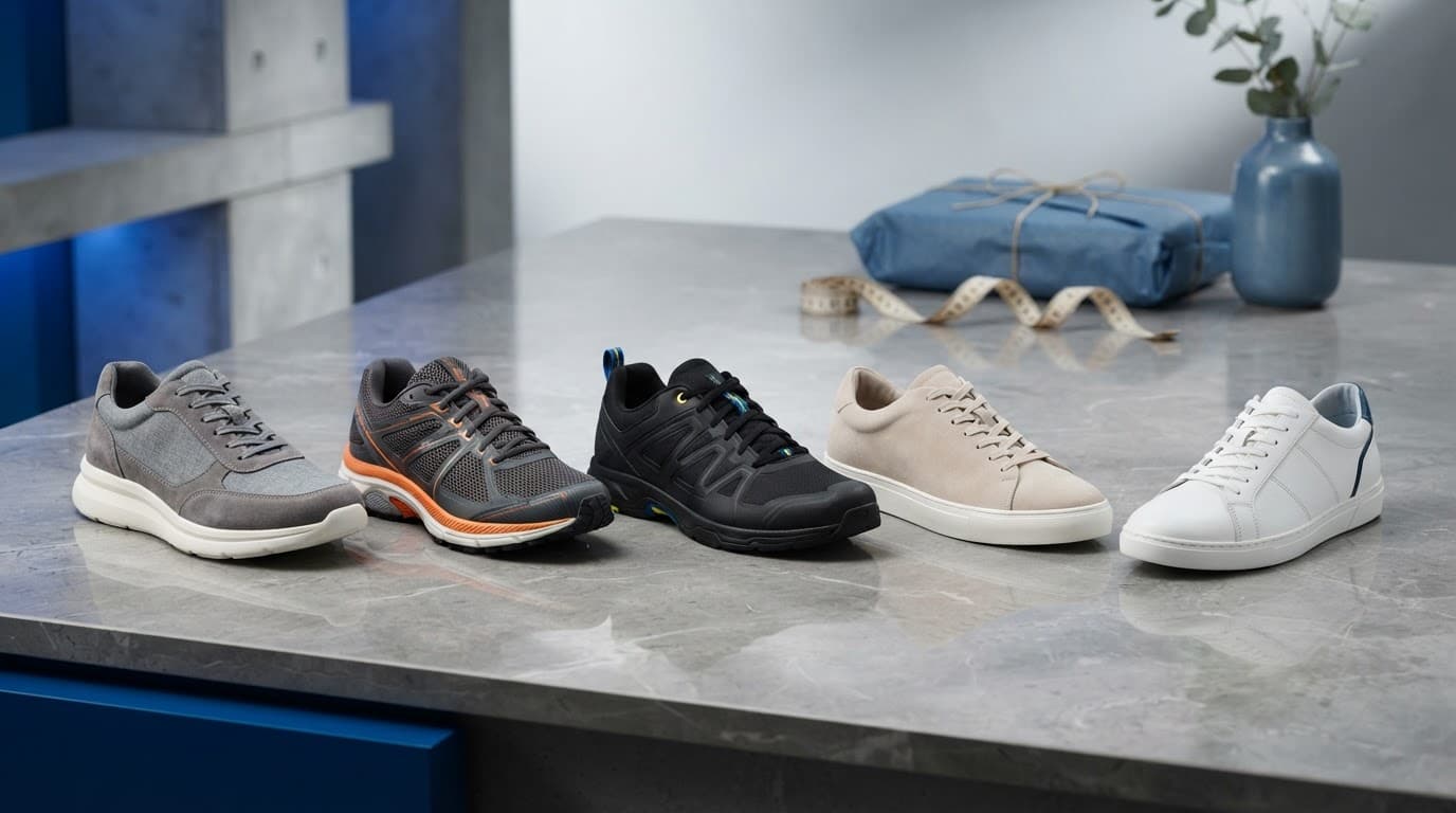 Five trainers for walking, running, gym use, lifestyle wear, and online shopping sit on a blue-accented studio surface.