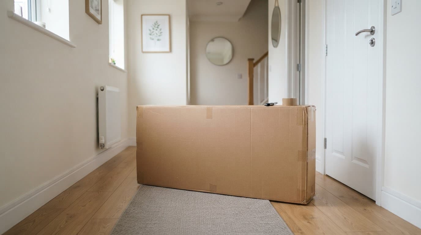 Futon Beds: A Practical Buyer's Guide for UK Homes 3 A flat-packed furniture box sits in a tidy, softly lit hallway.