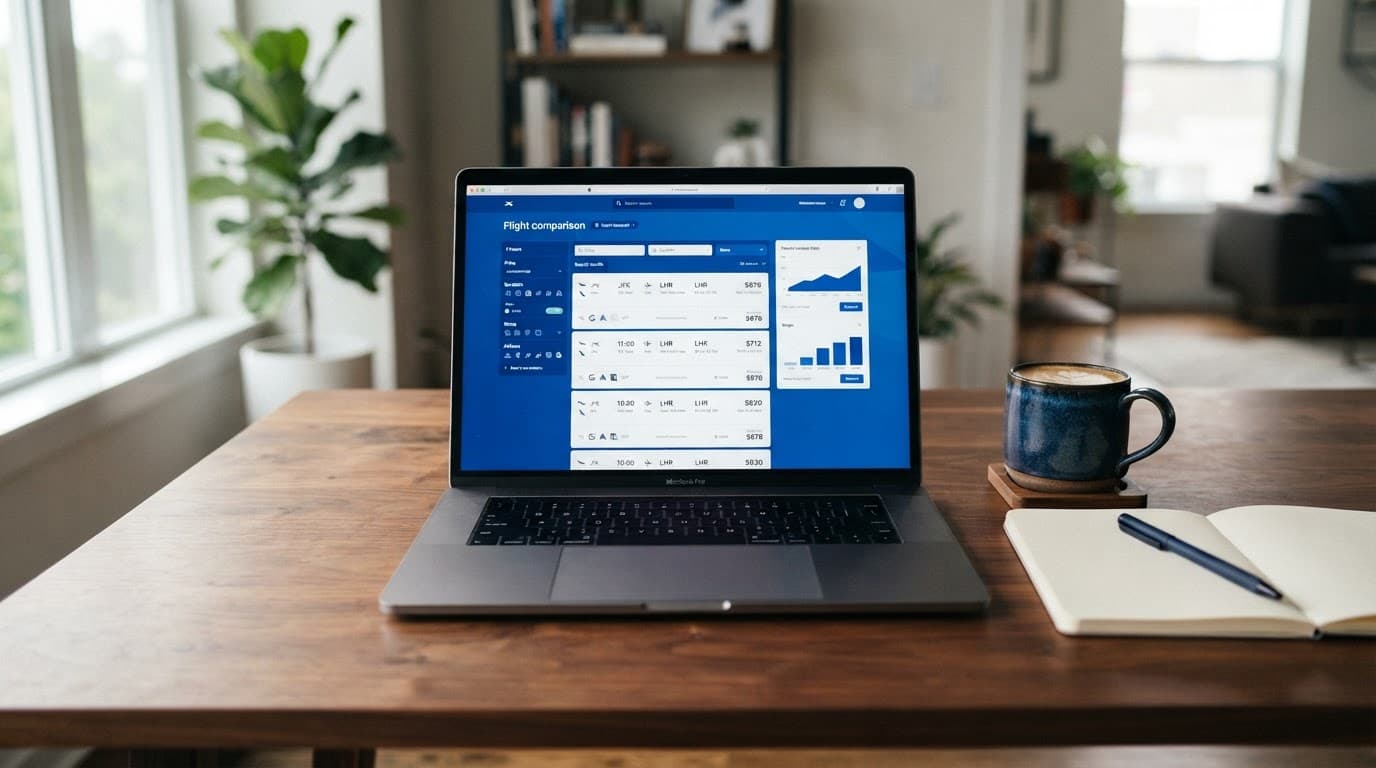 Skyscanner: Compare Flights, Hotels and Car Hire 5 Laptop with flight search tools, coffee cup, and notebook on a wooden desk.