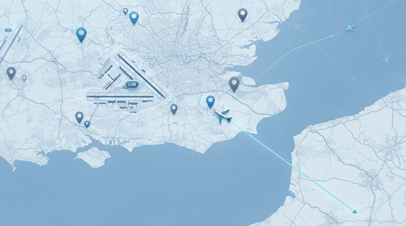 A small aircraft icon on a blue flight map near an airport.