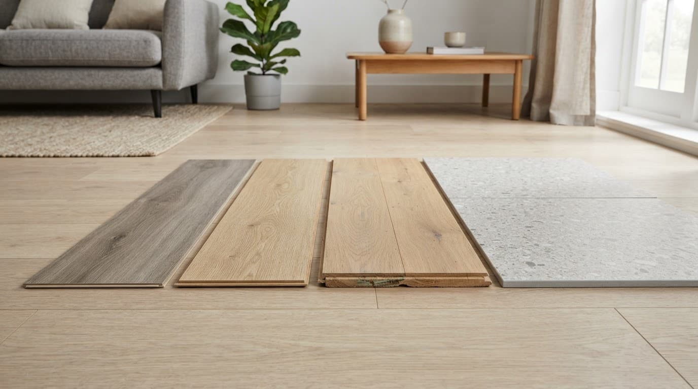 Four flooring samples show different textures and thicknesses in a bright home interior.