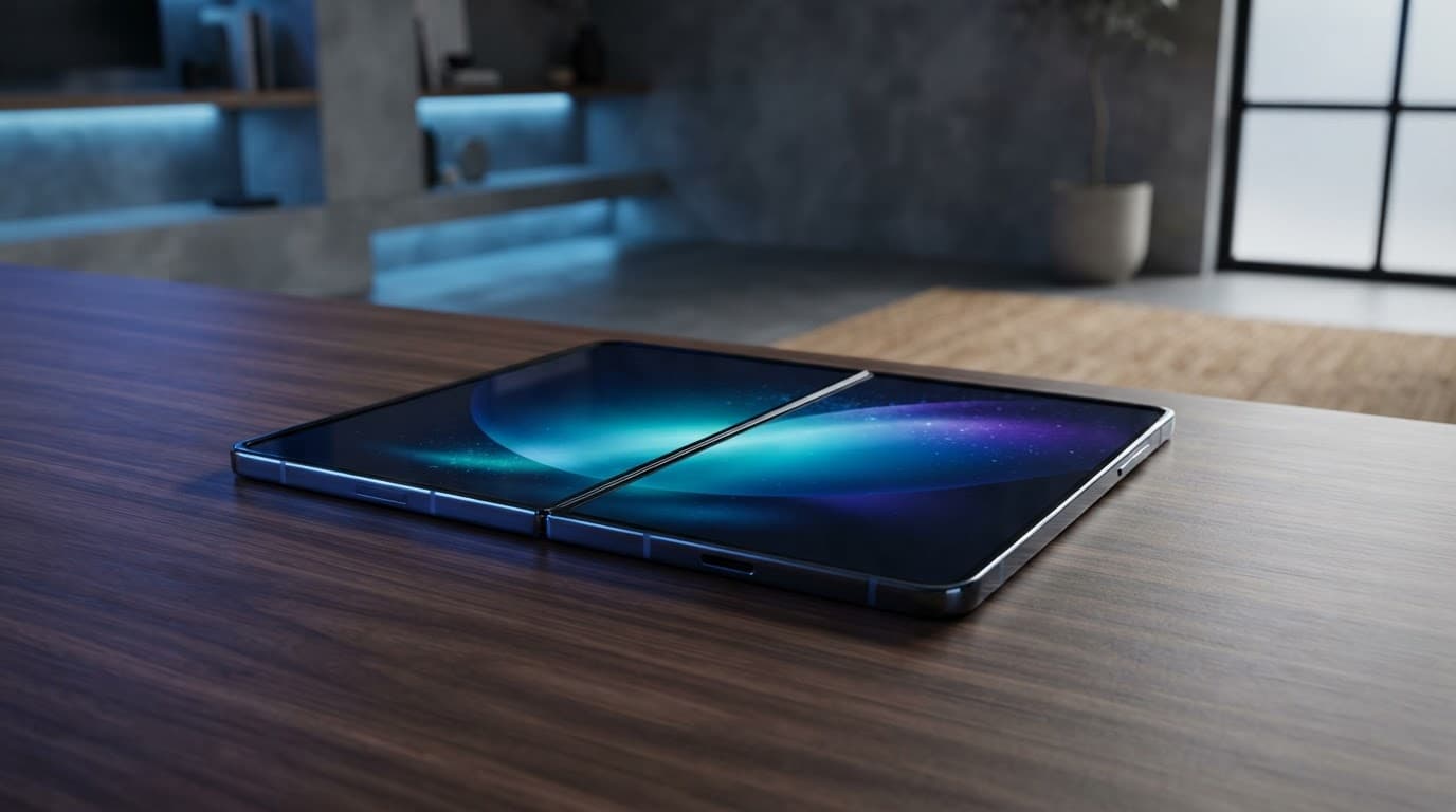 An open foldable smartphone on a wooden surface with blue accent lighting.