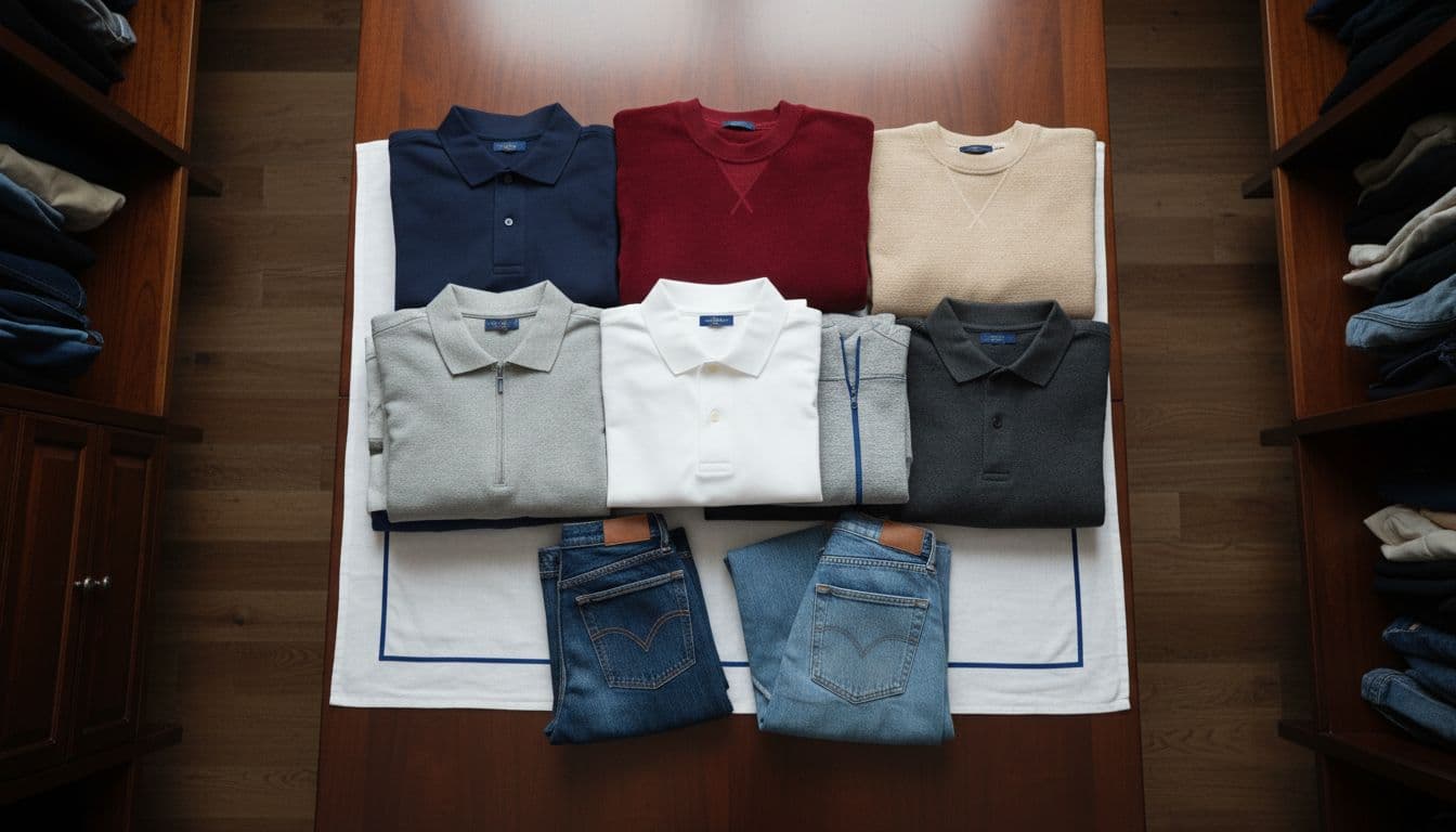 Folded polo shirts, sweatshirts, hoodies, and jeans arranged neatly on a luxury wooden table in a walk-in wardrobe.