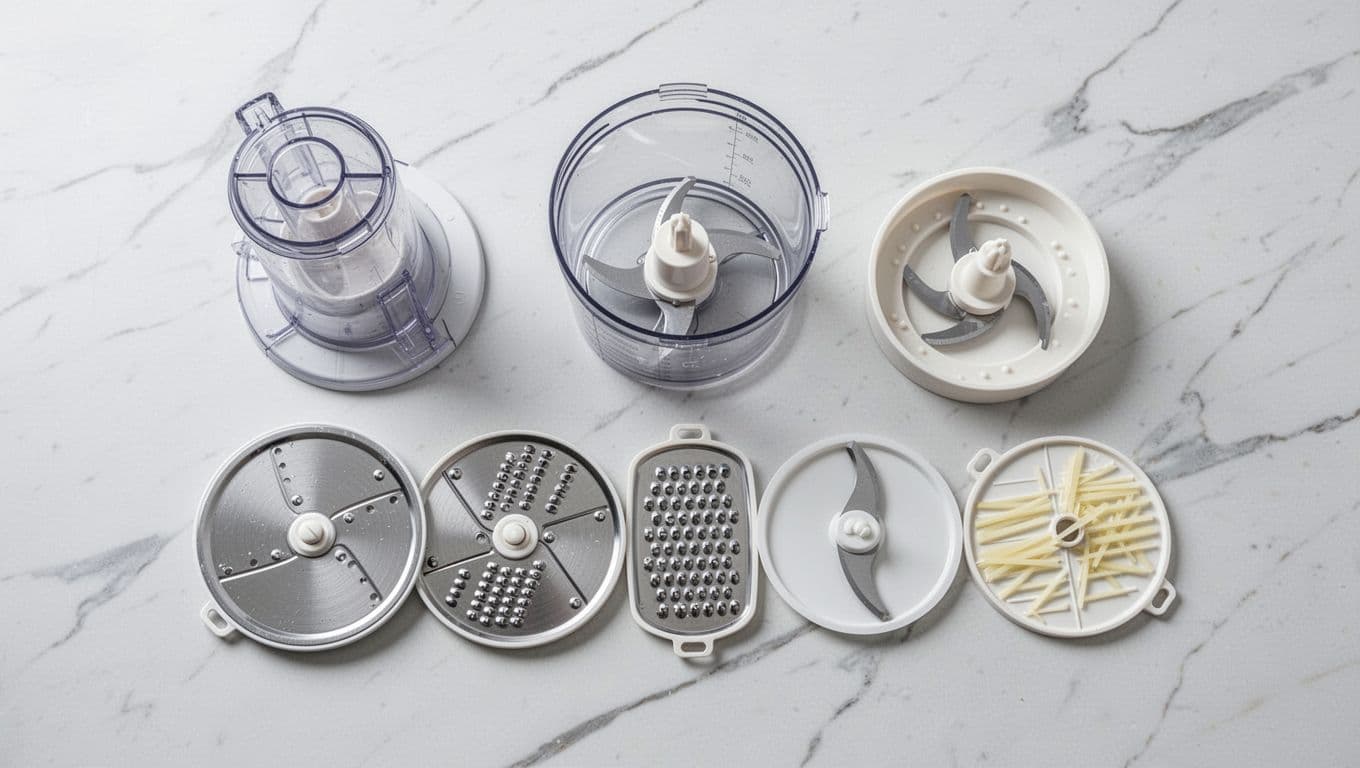 Food processor attachments laid out neatly on a white marble surface with S-blade in the center, surrounded by slicing disc, grating disc, dough blade, and julienne disc. Top-down view in clean, realistic product photography style with soft overhead lighting.