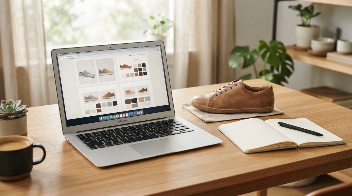 Hotter Comfort Concept Shoes: A Practical UK Review 2 Laptop, notebook, and leather shoe sample on a wooden desk.