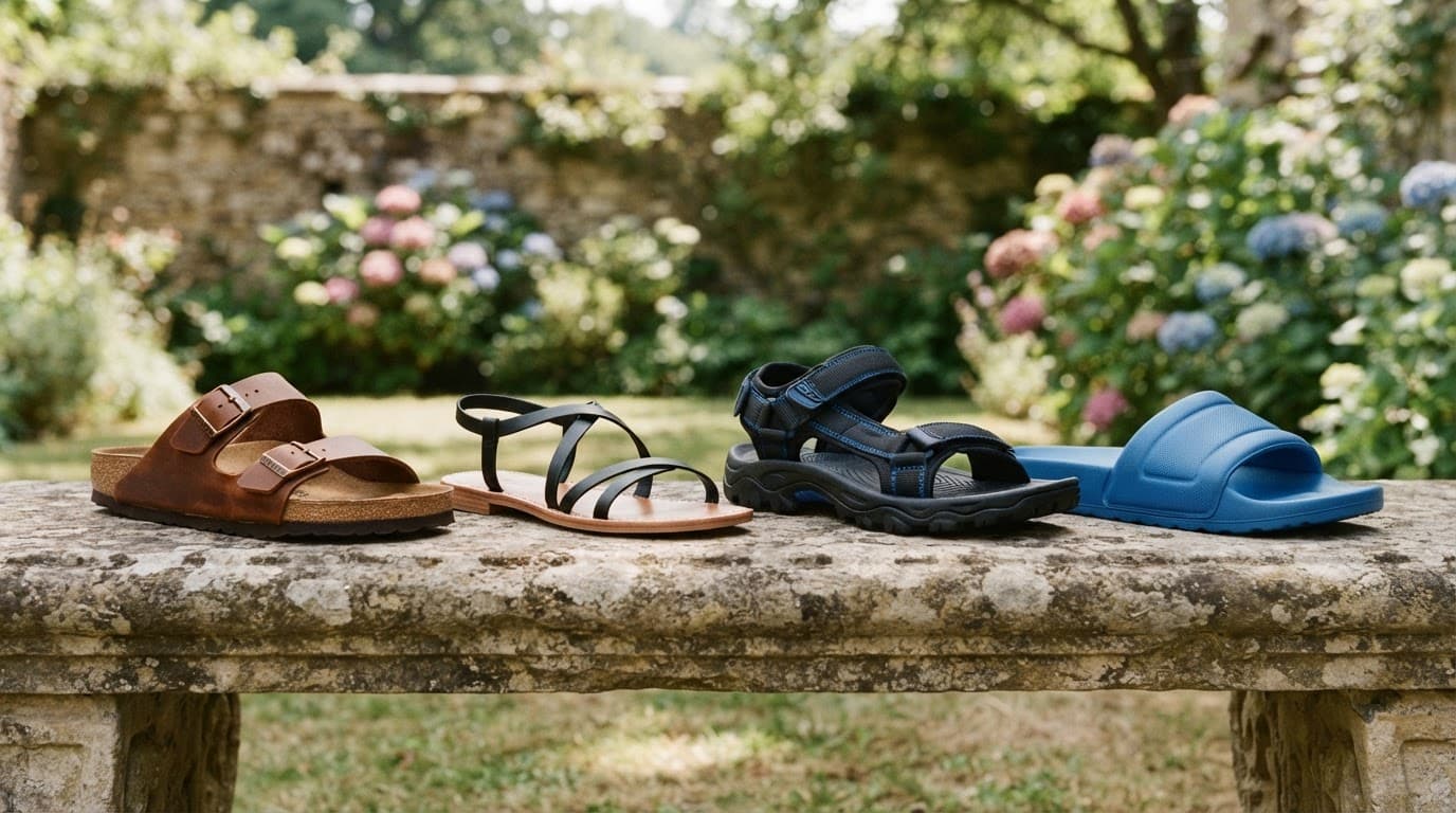 Four different sandals sit side by side on a stone bench, including cork, flat, sports, and foam styles.
