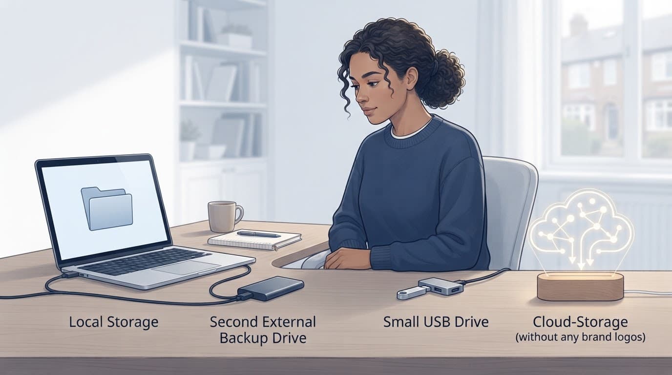 OneDrive Guide: How to Use It, Share Files and Choose a Plan 7 Person reviewing four storage options on a tidy home-office desk.