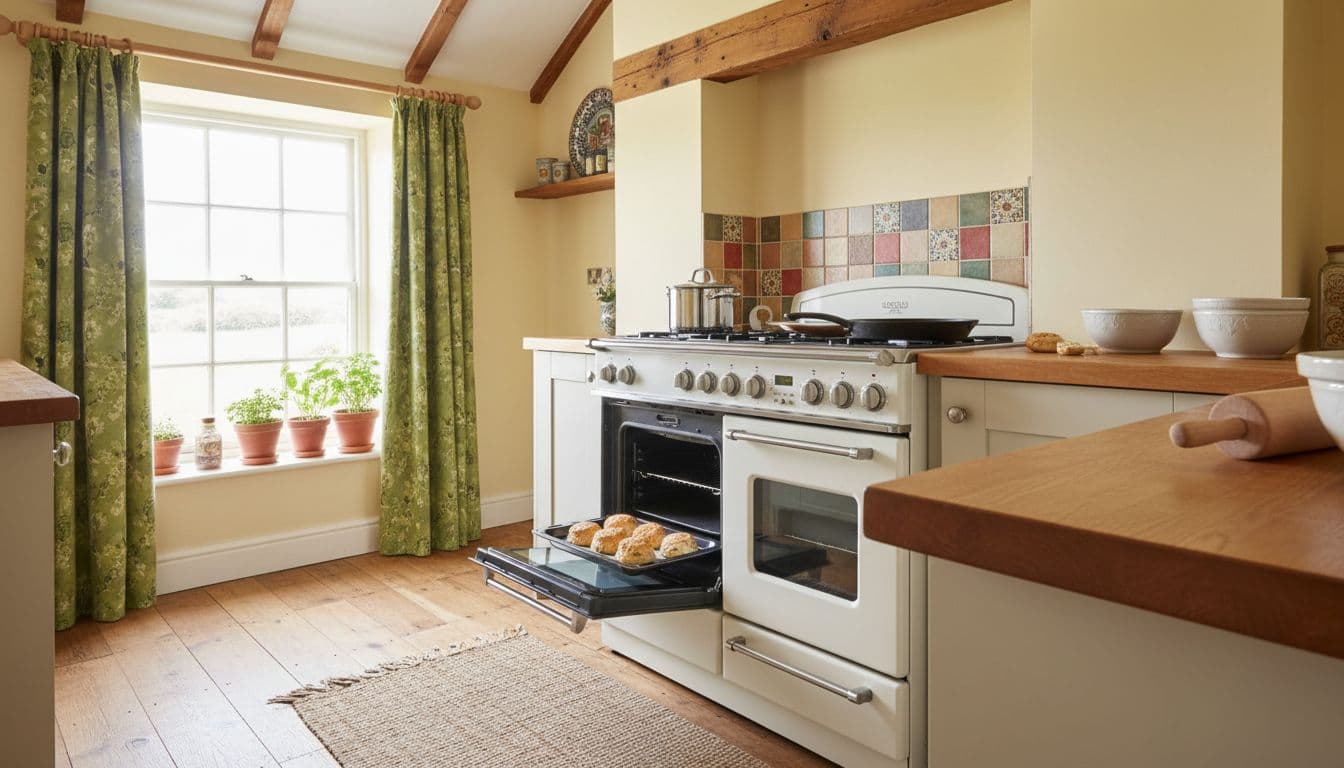Realistic photograph of a freestanding electric cooker featuring a four-ring hob and single oven in a bright, cosy UK family kitchen. Oven door slightly open with baking tray inside, pots on hob, wooden worktop, and natural daylight from window, warm tones, landscape view with no people or extra appliances.