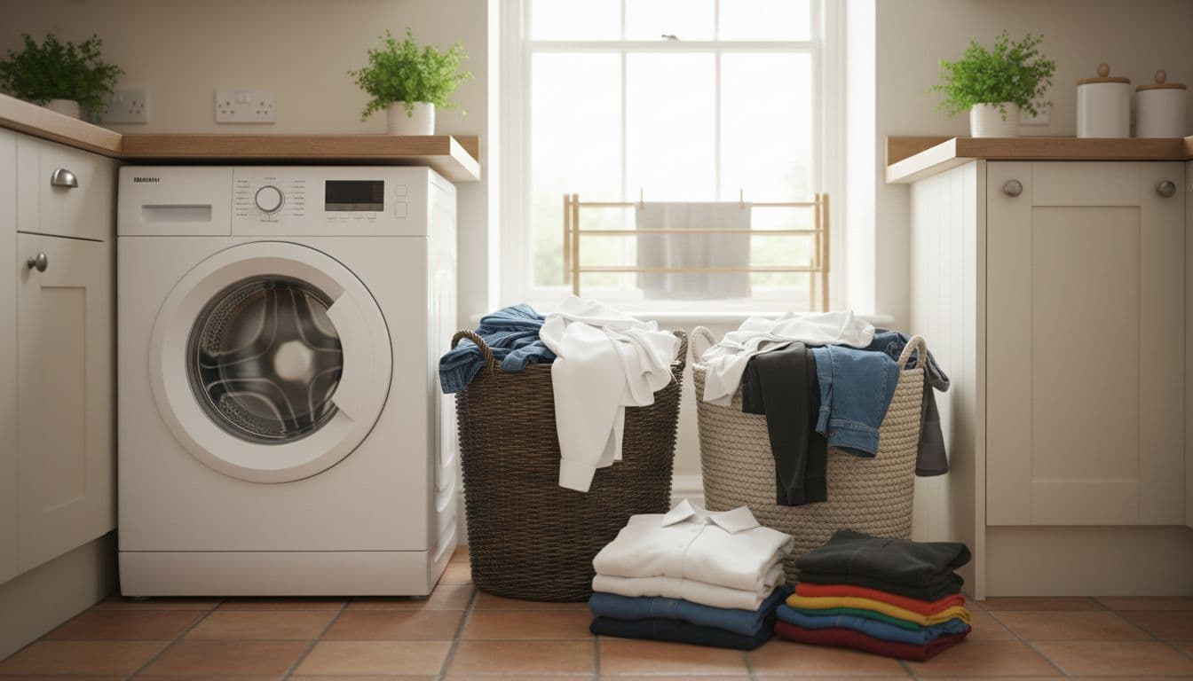 Freestanding washing machine positioned next to full laundry baskets and sorted clothes piles in a cosy UK kitchen utility area, illustrating scale under soft natural daylight.