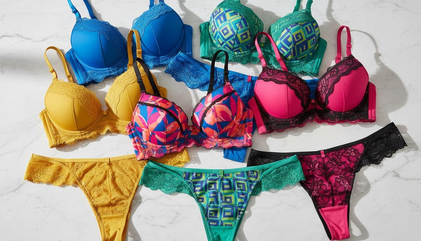Close-up flat lay arrangement of Freya-inspired lingerie sets in vibrant modern colors with floral and geometric prints, lace details on a marble surface under bright studio lighting.