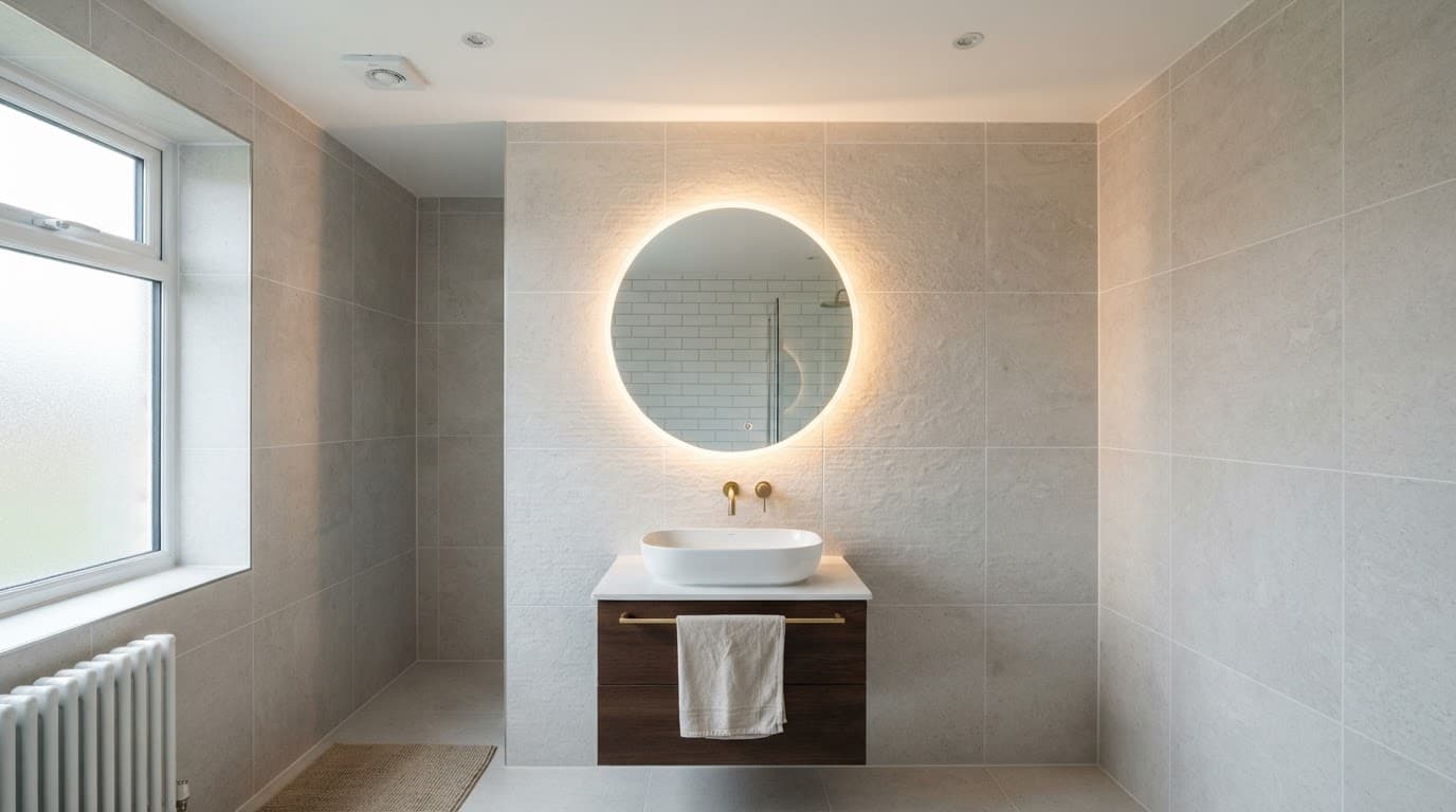 A bathroom mirror above a basin with front light and a soft glow behind it.