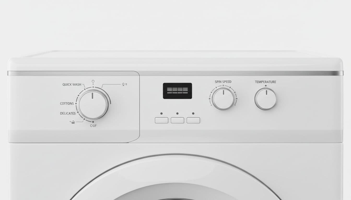 Close-up view of a white front-loading washing machine control panel featuring simple rotary dials for programme selection including quick wash, cottons, delicates, spin speed knob, temperature settings, detergent dispenser drawer with compartment for fabric conditioner, and a small LED display in a clean modern design under bright studio lighting.