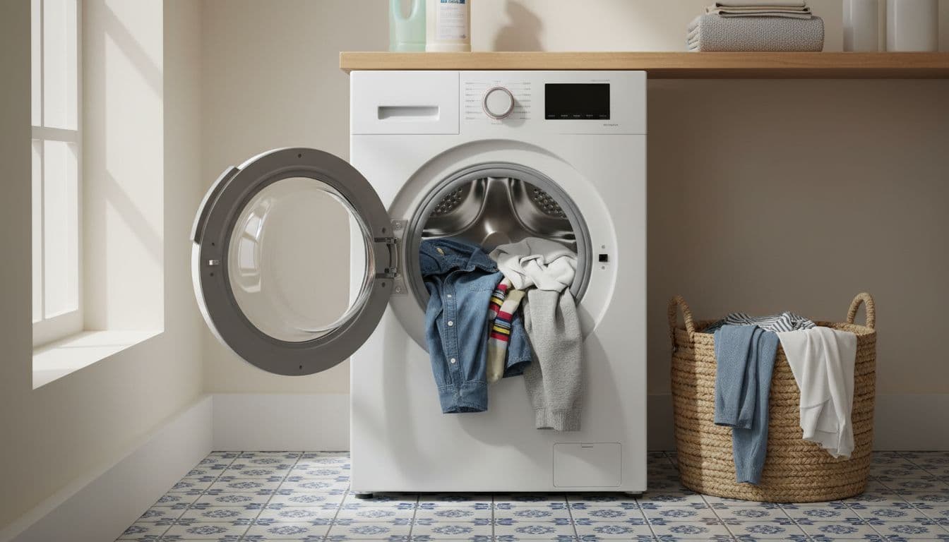 Front-loading washing machine with door open revealing large drum filled with mixed clothes, in a bright UK utility room with natural window light and laundry basket nearby. Realistic product photography style showing everyday laundry loading in a home setting, no people or branding present.