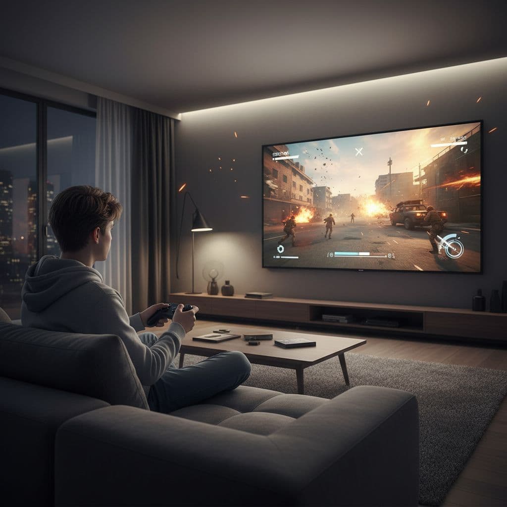 A focused person sits comfortably on a plush sofa while gripping a gaming controller. They stare at a large television screen displaying a colorful, fast-paced battle scene with cinematic lighting effects.