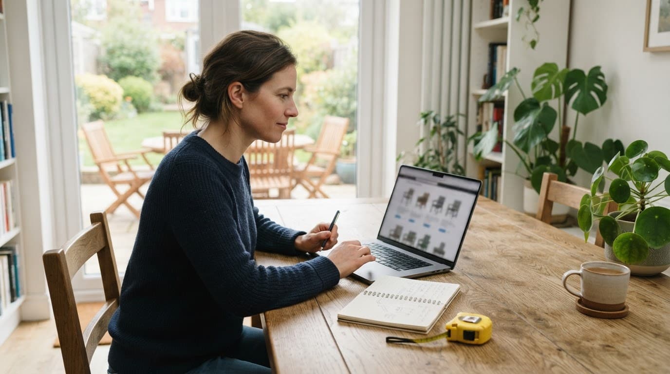 Person comparing garden chair details with a laptop, tape measure, and notebook.