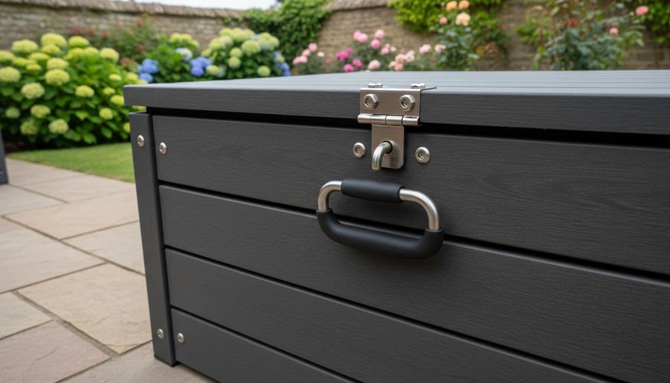 Close-up detail of a sturdy garden storage box on a patio with lid partially open, revealing strong metal hinges, padlock hasp, comfortable handle, and corrosion-resistant fixings in a UK garden setting under natural overcast light.