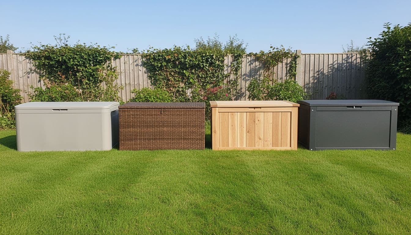 Four garden storage boxes in plastic, textured resin wicker, natural wood plank, and powder-coated metal lined up on a neat UK lawn under soft natural daylight, realistic photo with garden fence background.