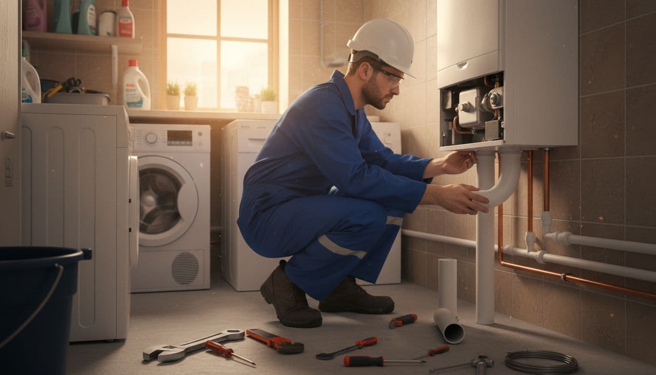 A gas engineer wearing blue overalls and safety helmet installs new boiler components and connects the flue in a UK utility room, with tools like spanners and pipe cutter on the floor under warm indoor lighting.