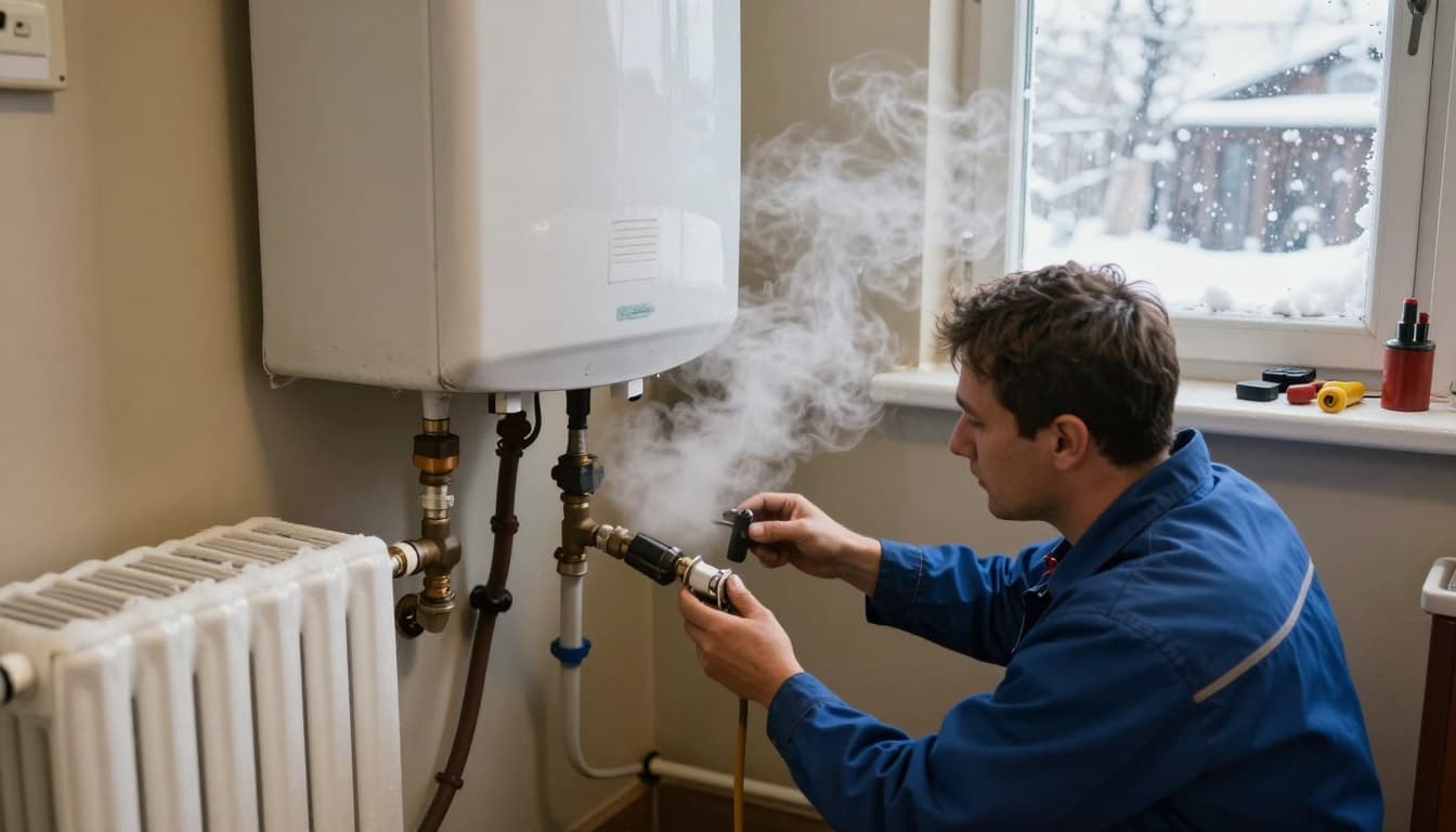 A professional gas engineer repairs a malfunctioning boiler emitting steam from a leak in a small utility room of a British house during winter, with a cold radiator in the foreground and snow visible outside the window.
