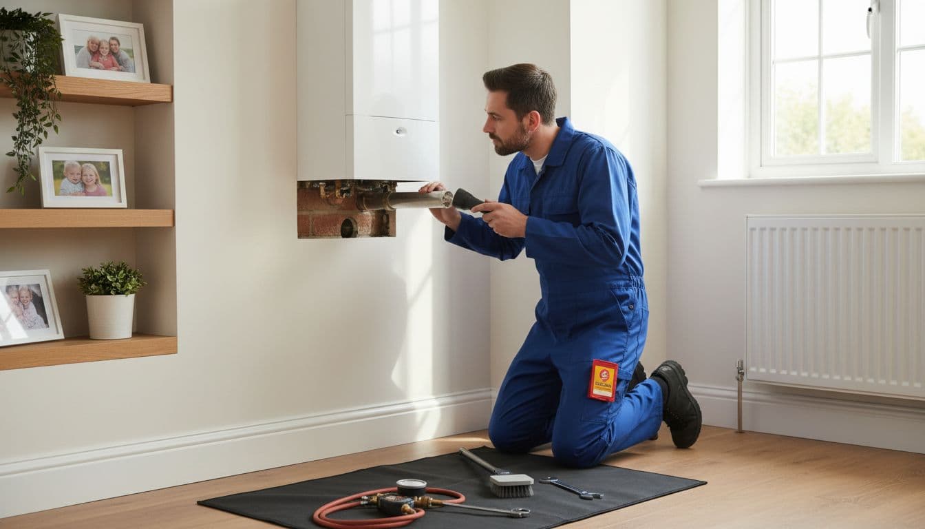 Engineer inspecting a combi boiler and flue in a UK living room