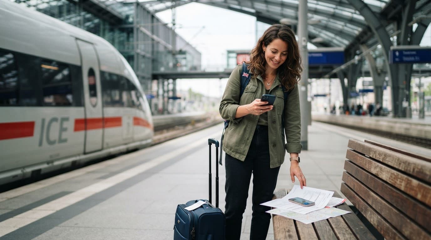 A traveller with a suitcase beside a train and planning papers on a bench.