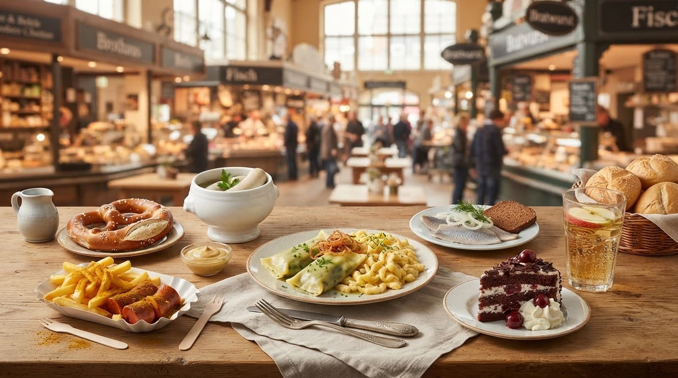 Regional German dishes arranged on wooden tables in a bright market hall.