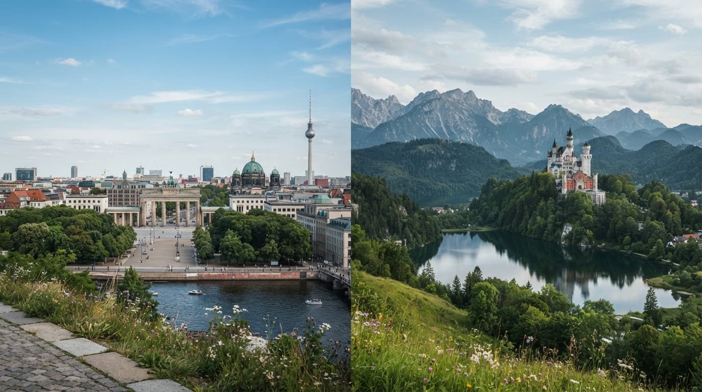 Berlin landmarks meet a Bavarian castle and lake beneath clear daylight.