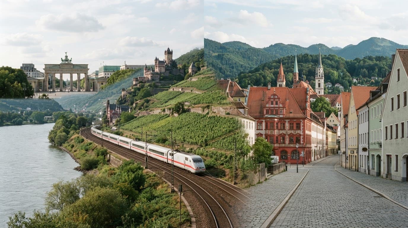 German landmarks, a railway, and wooded hills form one scenic travel landscape.