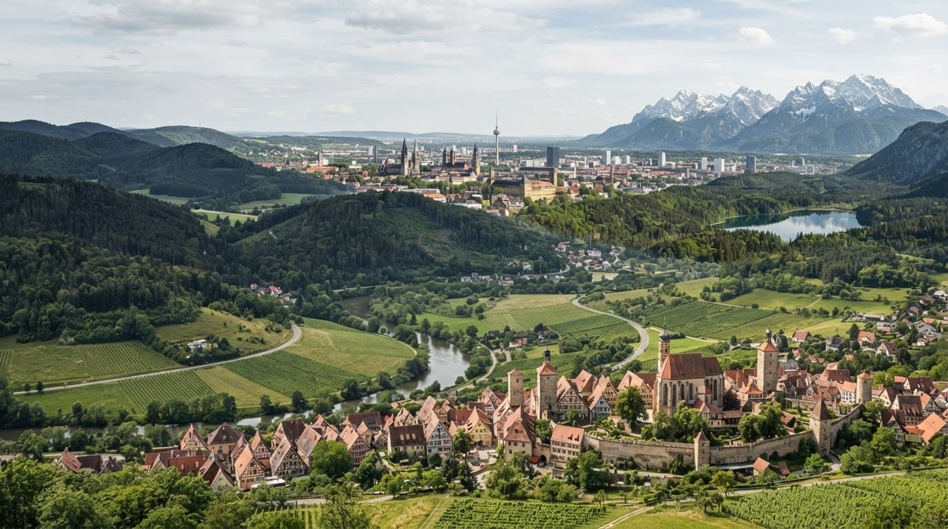 Historic towns, forested hills, a river valley, lake, and distant Alps share one German landscape.
