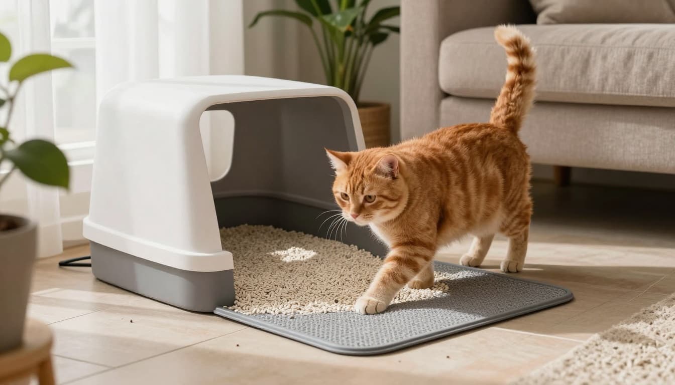 Landscape view of a ginger cat exiting a modern open litter tray with light clumping litter in a cozy UK flat living room, surrounded by houseplants and soft morning light, showing clean paws and no mess.