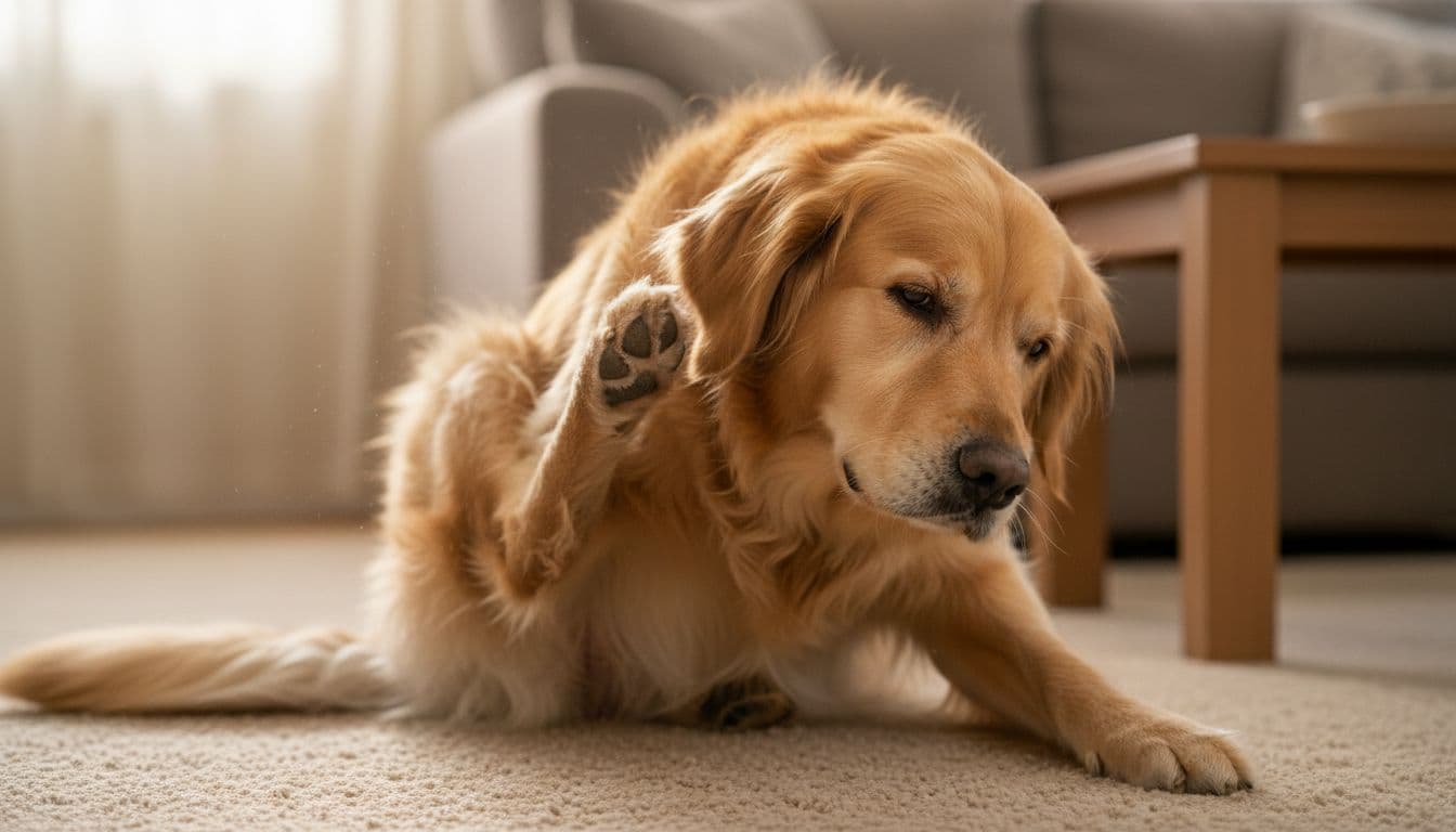 A golden retriever dog sits on a living room carpet, intensely scratching its red irritated ear with its back paw in natural indoor daylight. This realistic photograph highlights common food allergy symptoms in dogs like itching and ear irritation.