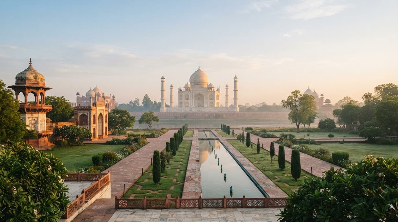 The Taj Mahal beyond landscaped gardens in soft golden morning light.