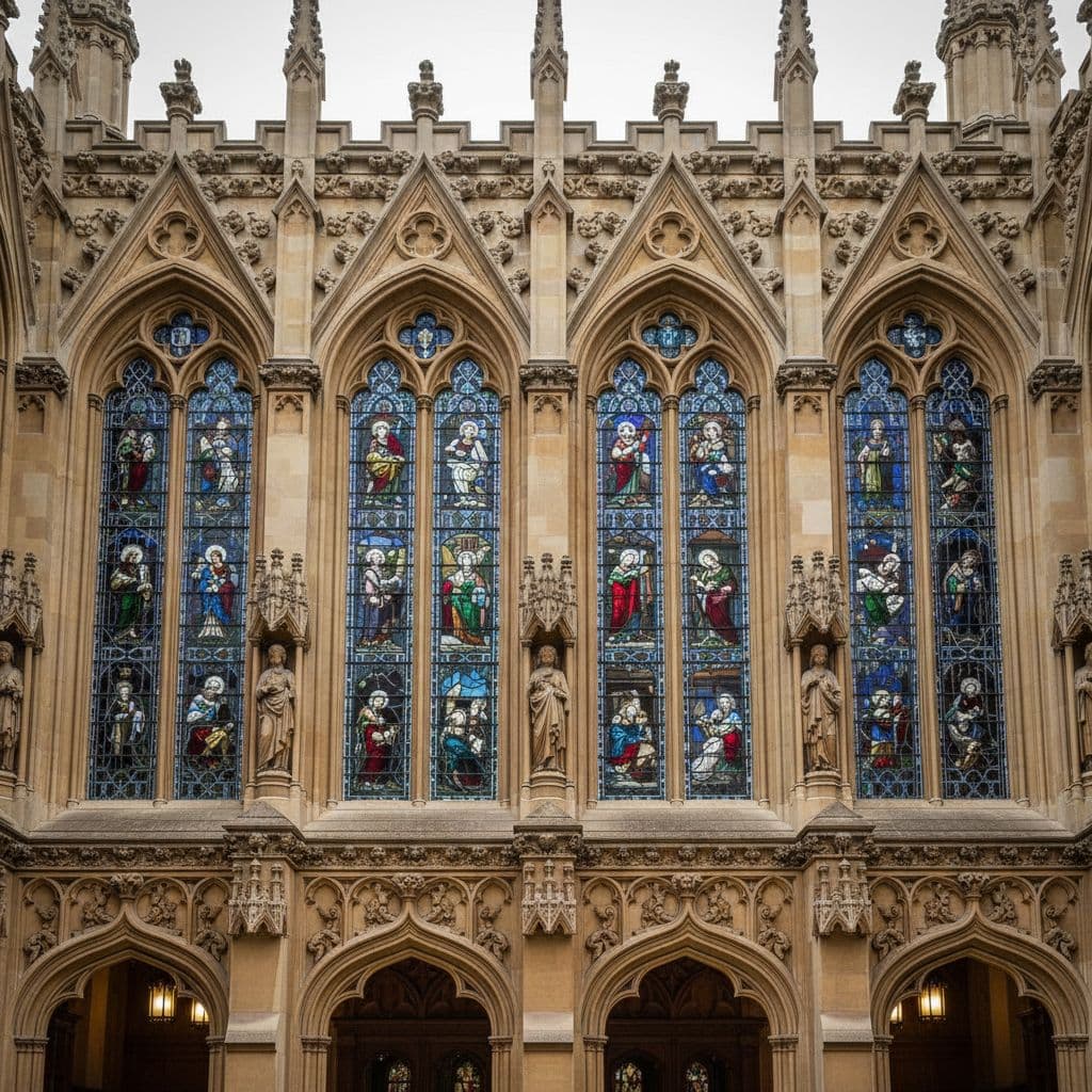 Detailed view of intricate stone carvings and tall stained-glass windows on a historic Cambridge college building.