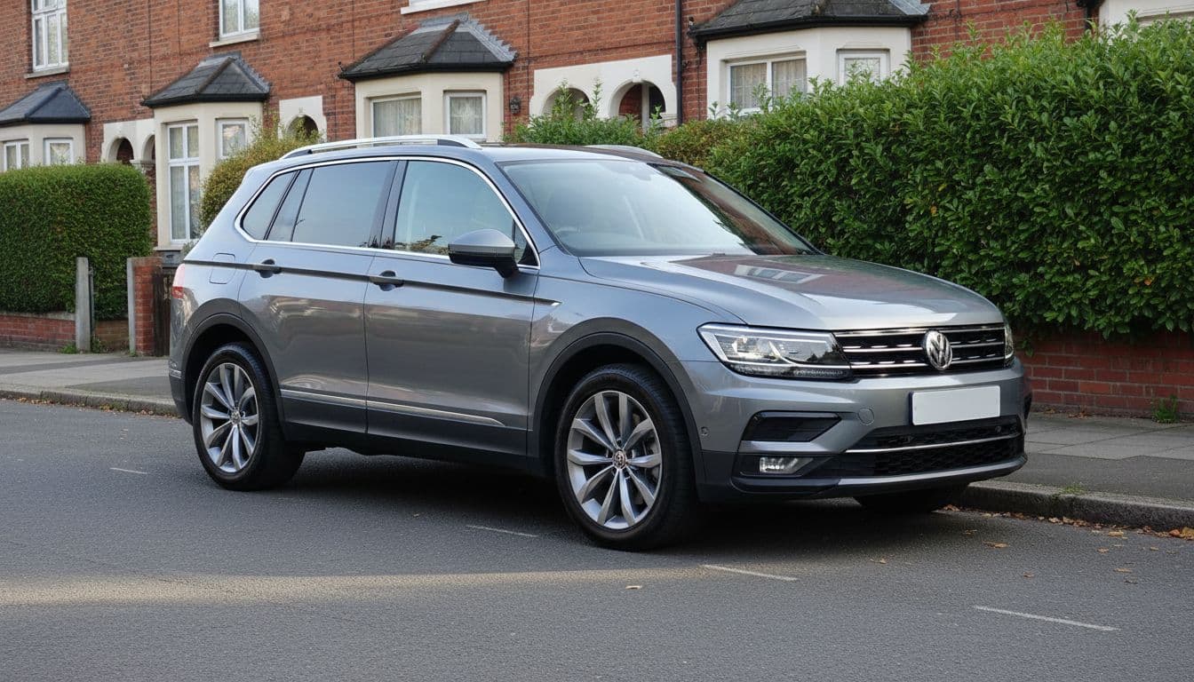 A metallic grey Volkswagen Tiguan SUV parked on a quiet suburban UK street with terraced houses and green hedge. Three-quarter front view highlights sleek design, LED headlights, and 18-inch alloys in photorealistic daylight.