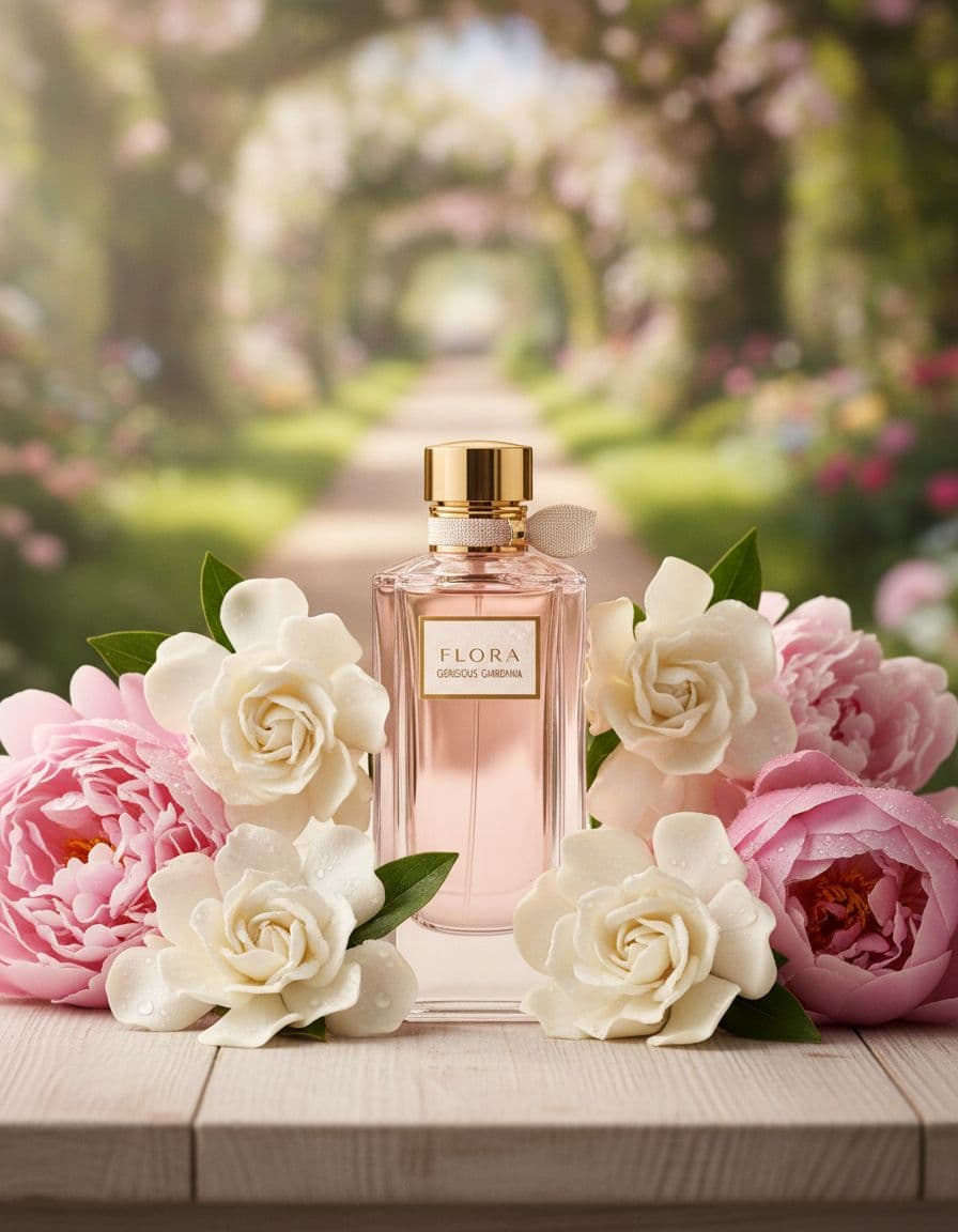 Close-up of Gucci Flora Gorgeous Gardenia bottle with flowers