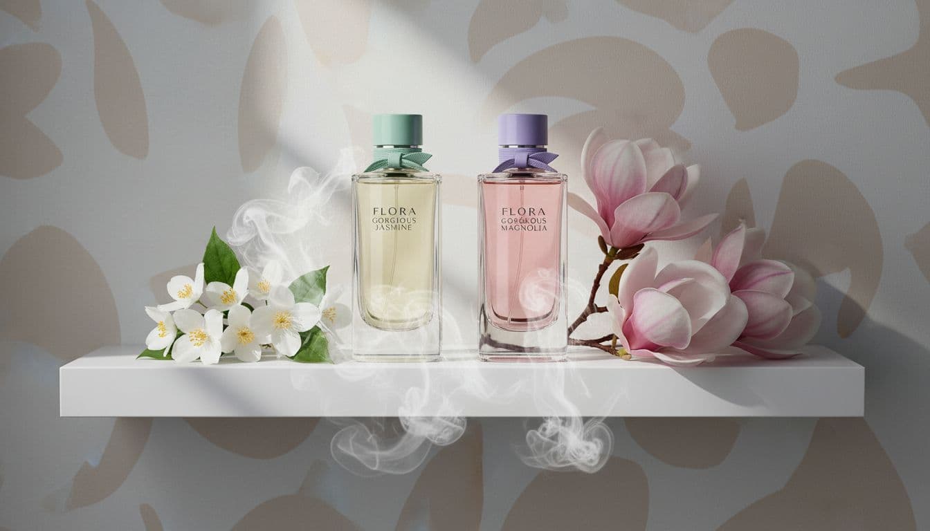 Gucci Flora Gorgeous Jasmine and Gorgeous Magnolia bottles on a shelf
