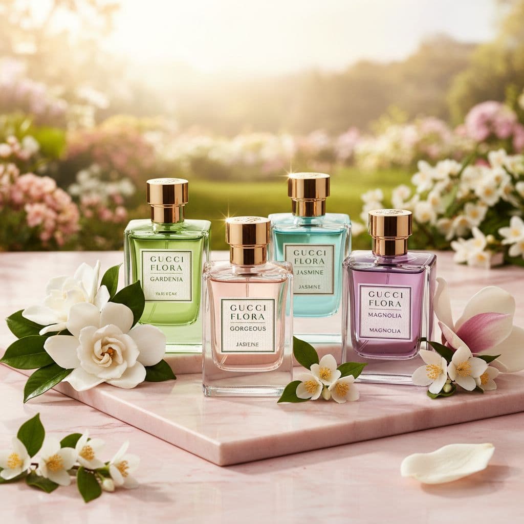 Gucci Flora perfume bottles from the Gorgeous line displayed with flowers
