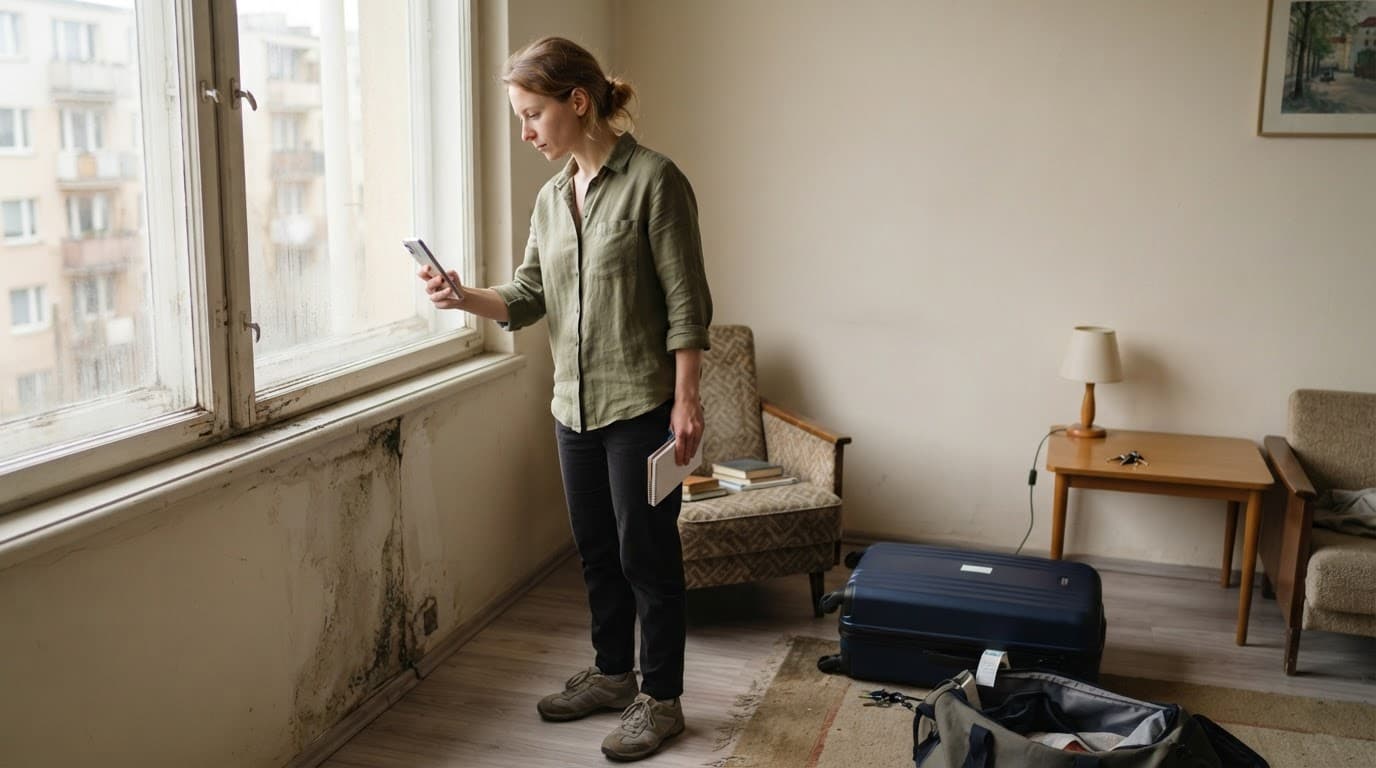 A guest photographs a maintenance problem near a window with a suitcase nearby.