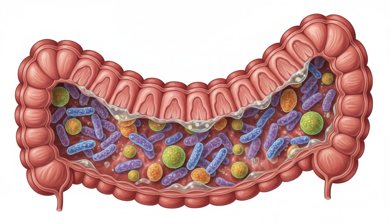 Cross-section of intestines with beneficial bacteria and yeasts.