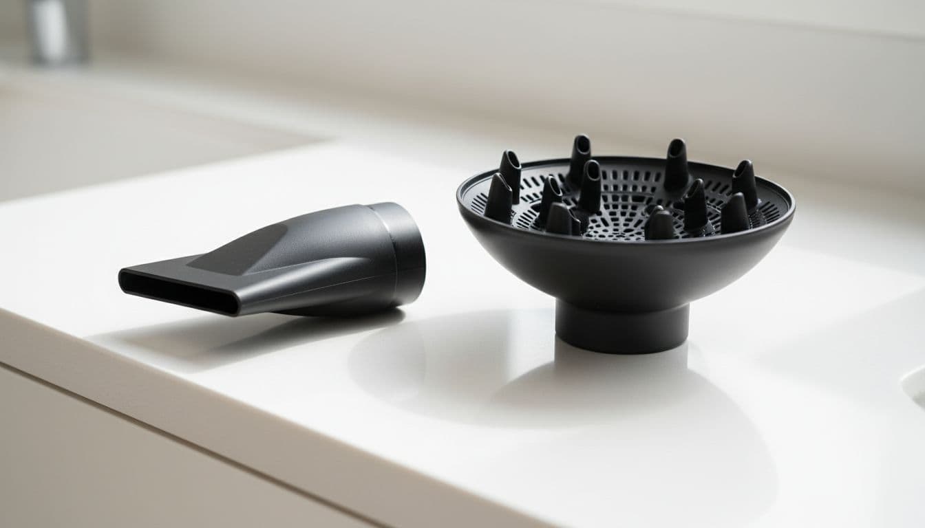 Close-up photograph of a hairdryer concentrator nozzle for straight smooth drying beside a diffuser attachment for curls and waves, placed on a clean white bathroom counter with bright even daylight lighting.