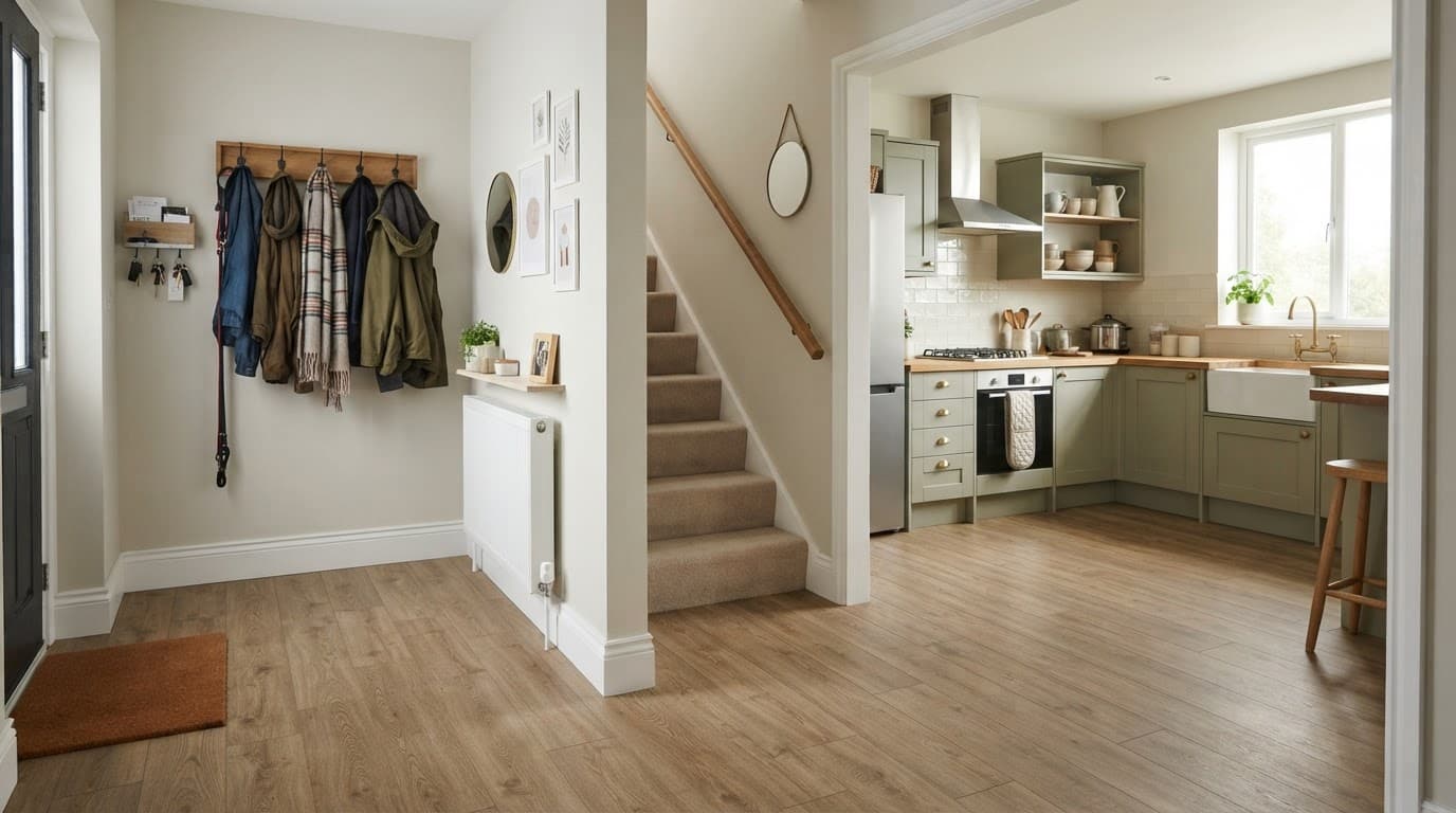 Bright hallway opening into a kitchen with continuous wood effect LVT flooring.
