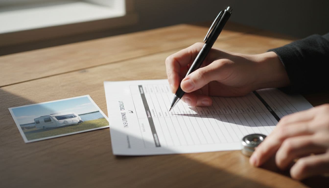 A relaxed hand holds a pen ticking off items on a printed caravan insurance checklist on a wooden desk, with a nearby small photo of a caravan and a hitchlock security device under natural daylight.