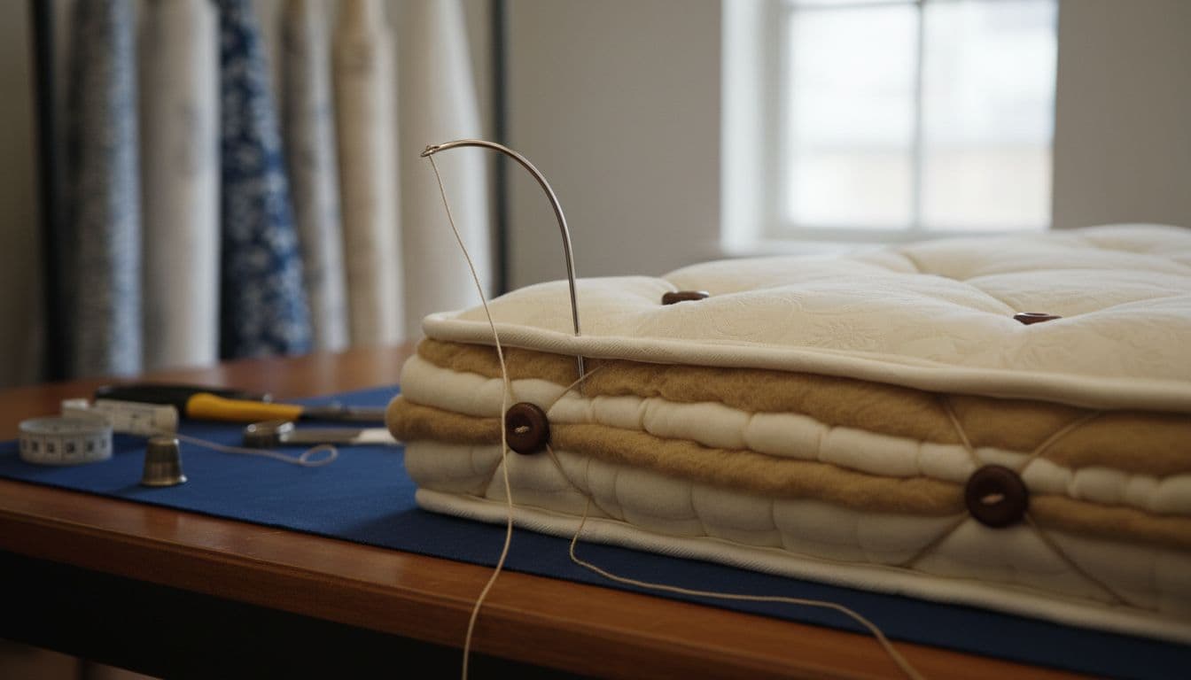 An artisan carefully adjusts thick natural fiber layers on a padded workbench. Intricate stitching patterns are visible in the high-quality fabric, highlighted by cool ambient lighting and deep blue accents.