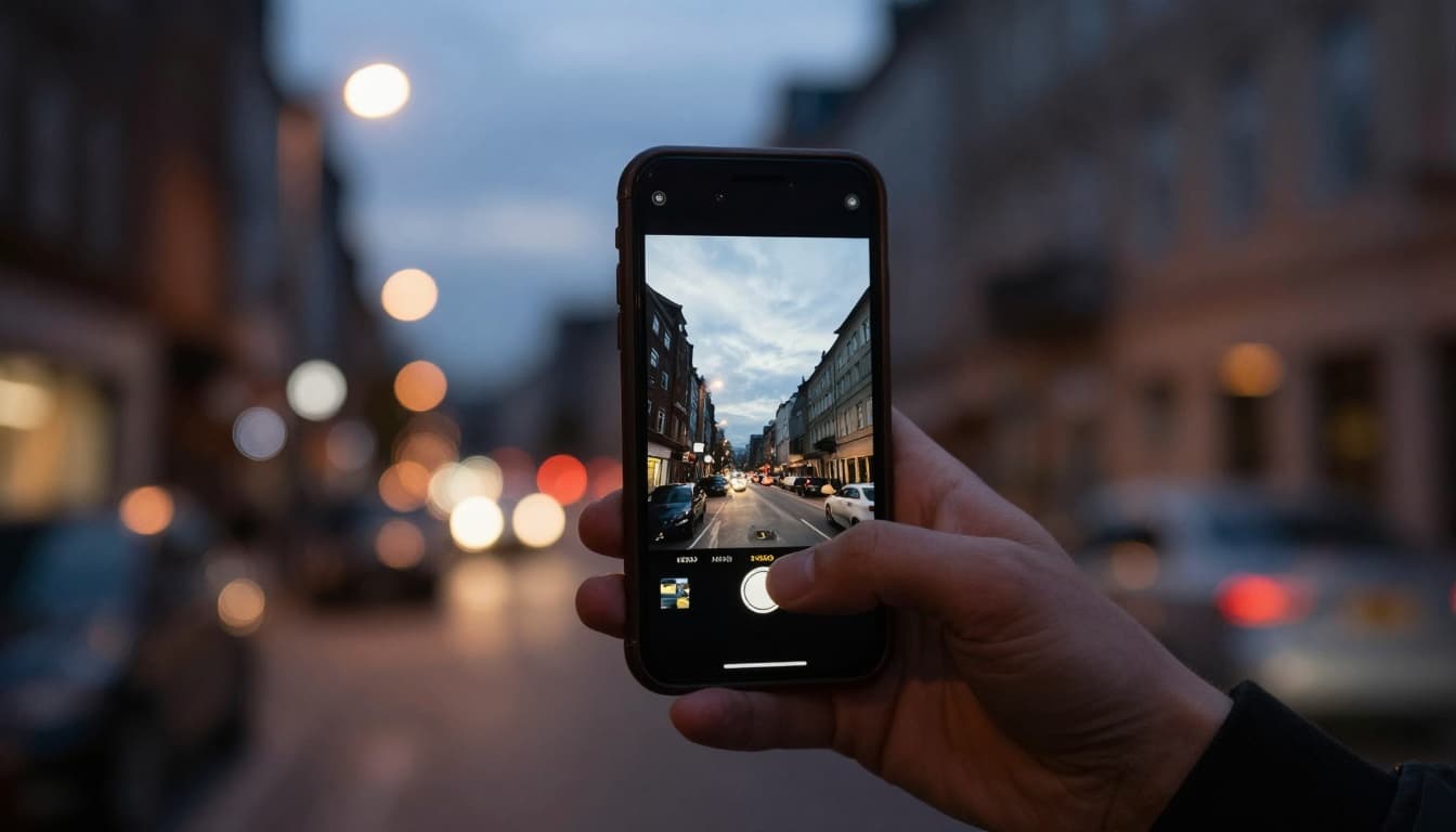 Person holding a mobile phone takes a photo of a city street at dusk, with streetlights and buildings in low light, sharp focus on lens and screen preview. Dynamic urban background with motion blur, realistic moody evening atmosphere.